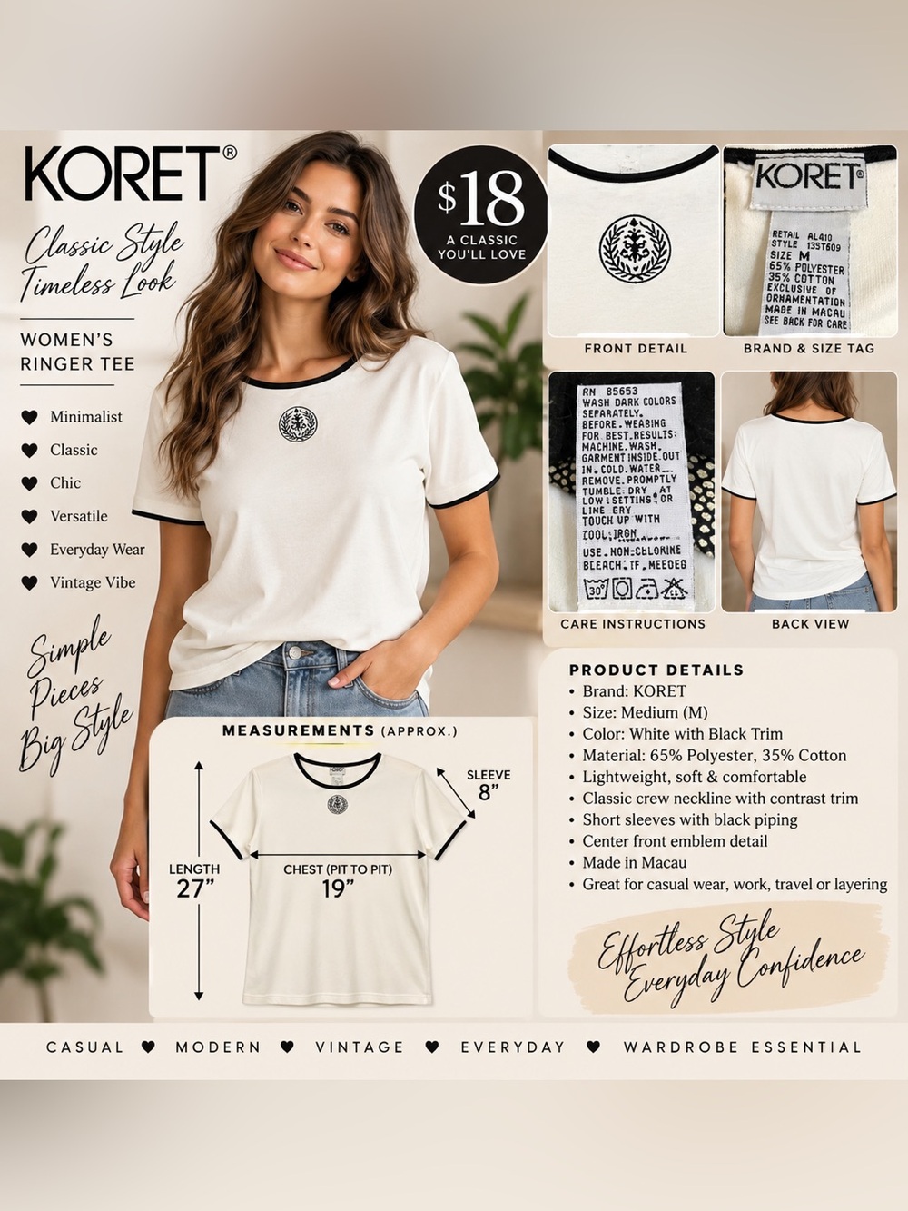Koret White Short-Sleeve Crewneck Tee with Black Trim and Emblem